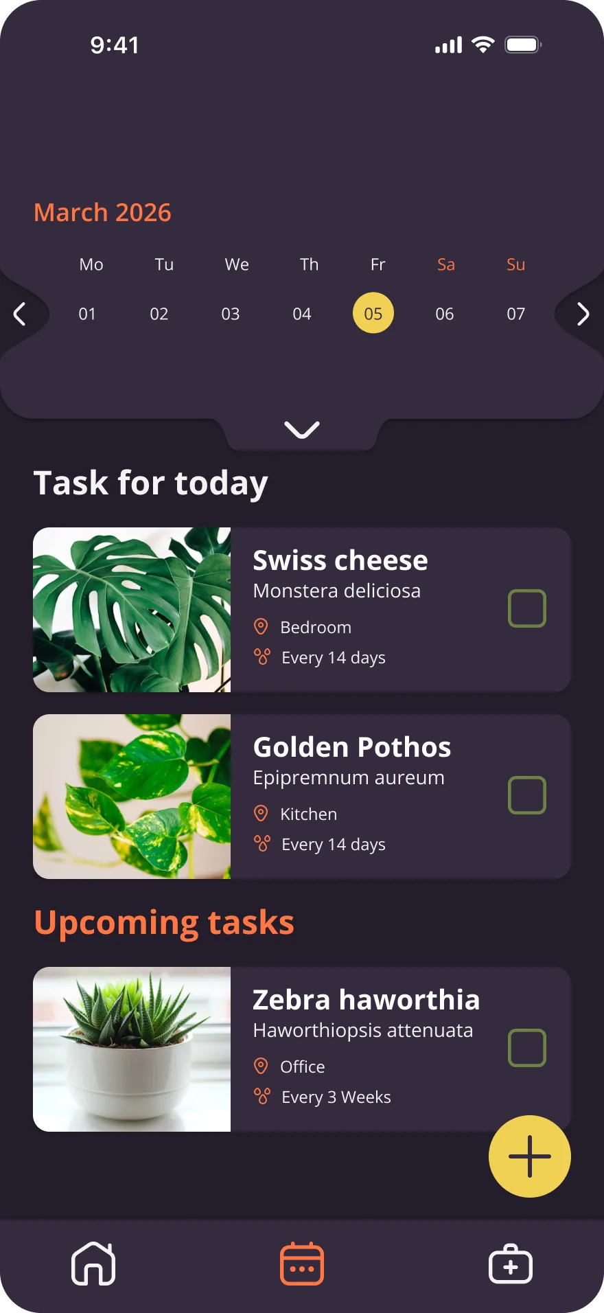 Plantify calendar screen — dark mode