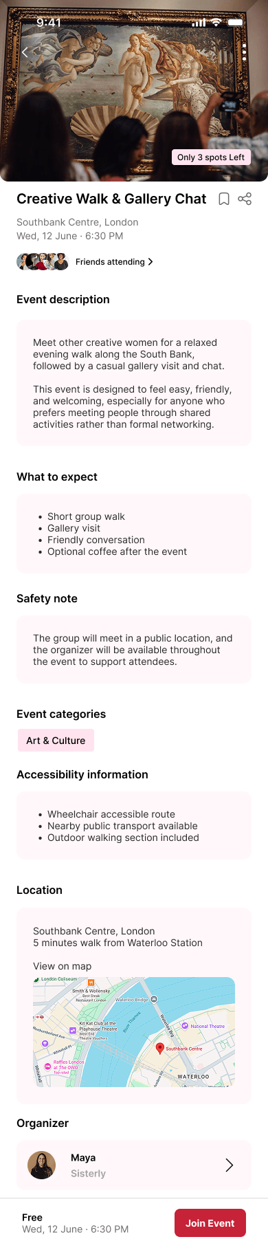 Sisterly redesigned event detail page before joining