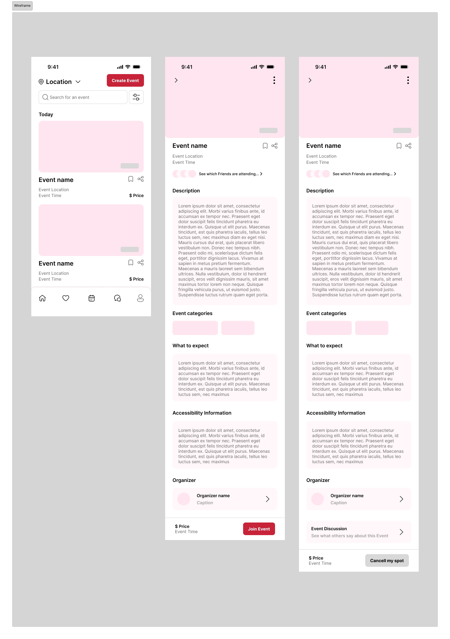 Wireframe for Sisterly event listing and detail pages